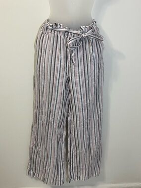 New Look Linen Cotton Blend Wide-Leg Pants with Black Tan & Pink Stripes Small